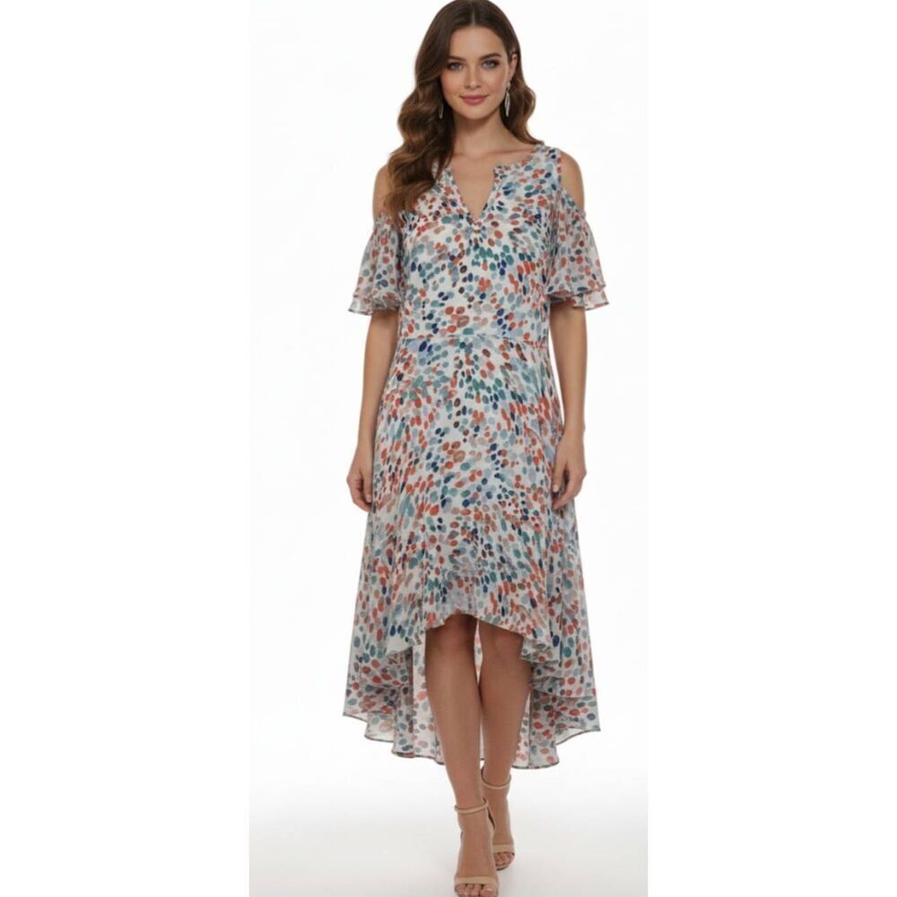 Maeve womens medium flutter sleeve boho dress blue cream travel beach